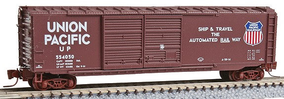 Micro-Trains 50' Double-Door Boxcar - Ready to Run -- Union Pacific #554050 (Boxcar Red, Automated Rail Way Slogan, Large Shield) - 489-50600272