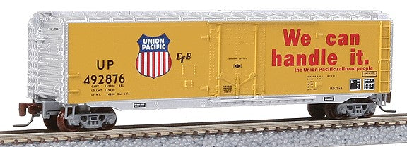 Micro-Trains 50' Standard Plug Door Boxcar Assembled -- Union Pacific #492876 (Armour Yellow, aluminum Roof & Ends) - 489-50700531
