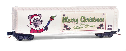Micro-Trains Z 50' Plug-Door Boxcar - Ready to Run -- Micro-Mouse Christmas Car #2011 (white, red, green)