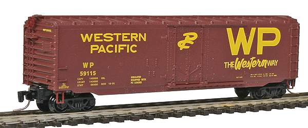 Micro-Trains Z 50' Plug-Door Boxcar - Ready to Run -- Western Pacific #59115 (Boxcar Red, yellow, Billboard WP and Western Way