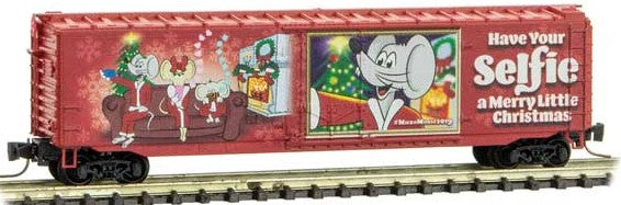 Micro-Trains 50' Plug-Door Boxcar - Ready to Run -- Micro-Mouse 2019 Christmas Car (red with graphics) - 489-50700670