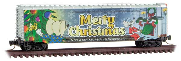 Micro-Trains Z Scale 50' Plug-Door Boxcar - Ready to Run -- 2023 Micro-Mouse Christmas (blue, green, yellow, red)