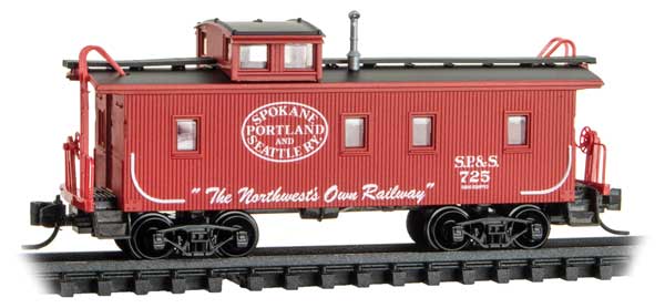 Micro-Trains N 34' Wood-Sheathed Caboose with Straight Cupola - Ready to Run -- Spokane, Portland & Seattle #725 (red, black, white, Northwest's Own Slogan)
