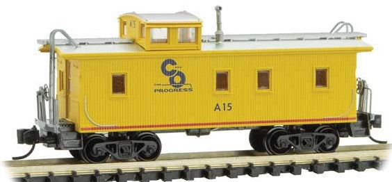 Micro-Trains 34' Wood-Sheathed Caboose with Straight Cupola - Ready to Run -- Chesapeake & Ohio A15 (yellow, blue, red, Progress Logo) - 489-5100330