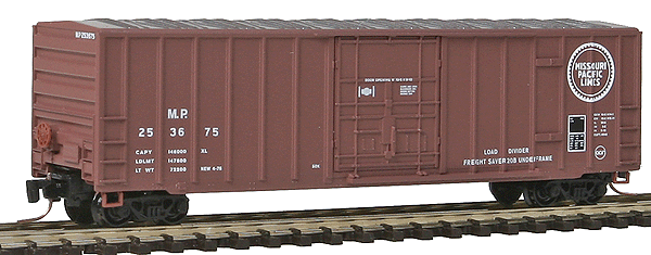 Micro-Trains 50' Rib-Side Plug-Door Boxcar No Roofwalk - Ready to Run -- Missouri Pacific #253675 (Boxcar Red, silver, Buzz Saw Logo) - 489-51100172