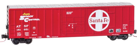 Micro-Trains 50' Rib-Side Plug-Door Boxcar, No Roofwalk - Ready to Run -- Santa Fe #151923 (red, black, white, Large Logo & Shock Control Markings) - 489-51100221