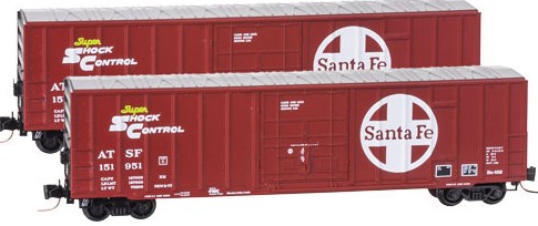 Micro-Trains 50' Rib-Side Plug-Door Boxcar, No Roofwalk - Ready to Run -- Santa Fe #151951 (red, black, white, Large Logo & Shock Control Markings) - 489-51100222