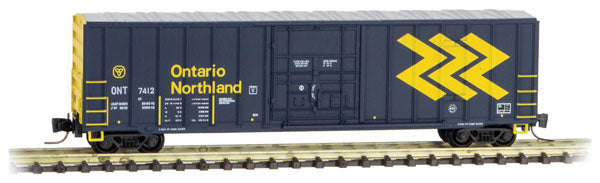 Micro-Trains 50' Rib-Side Plug-Door Boxcar No Roofwalk - Ready to Run -- Ontario Northland #7412 (blue, yellow, Chevron Logo) - 489-51100261