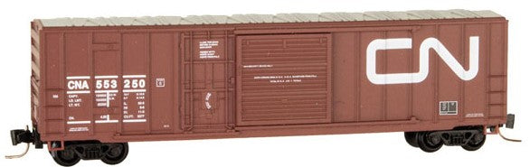 Micro-Trains 50' Rib-Side Plug & Sliding Door Boxcar No Roofwalk - Ready to Run -- Canadian National #553250 (Boxcar Red, white, Noodle Logo) - 489-51200012