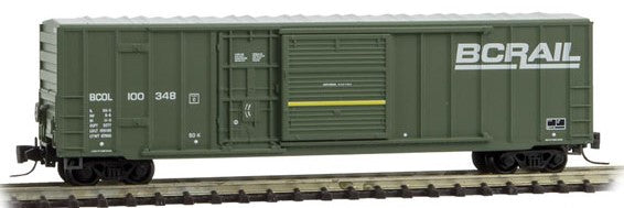 Micro-Trains 50' Rib-Side Plug & Sliding Door Boxcar No Roofwalk - Ready to Run -- BC Rail #100348 (green, white, yellow) - 489-51200032