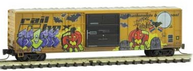 Micro-Trains 50' Rib-Side Plug and Sliding Door Boxcar No Roofwalk - Ready to Run -- Railbox (Weathered, yellow, black Halloween Graffiti) - 489-51244040
