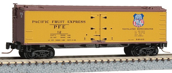 Micro-Trains 40' Wood-Sheathed Ice Reefer - Ready to Run -- Pacific Fruit Express #12 (yellow, brown, UP Overland Logo) - 489-51800011