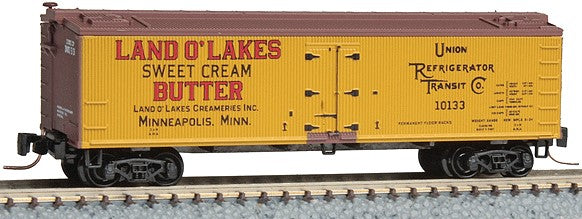 Micro-Trains 40' Wood Reefer - Ready to Run -- Union Refrigerator Transit #10133 (yellow, brown, Land O' Lakes Butter Logo) - 489-51800021
