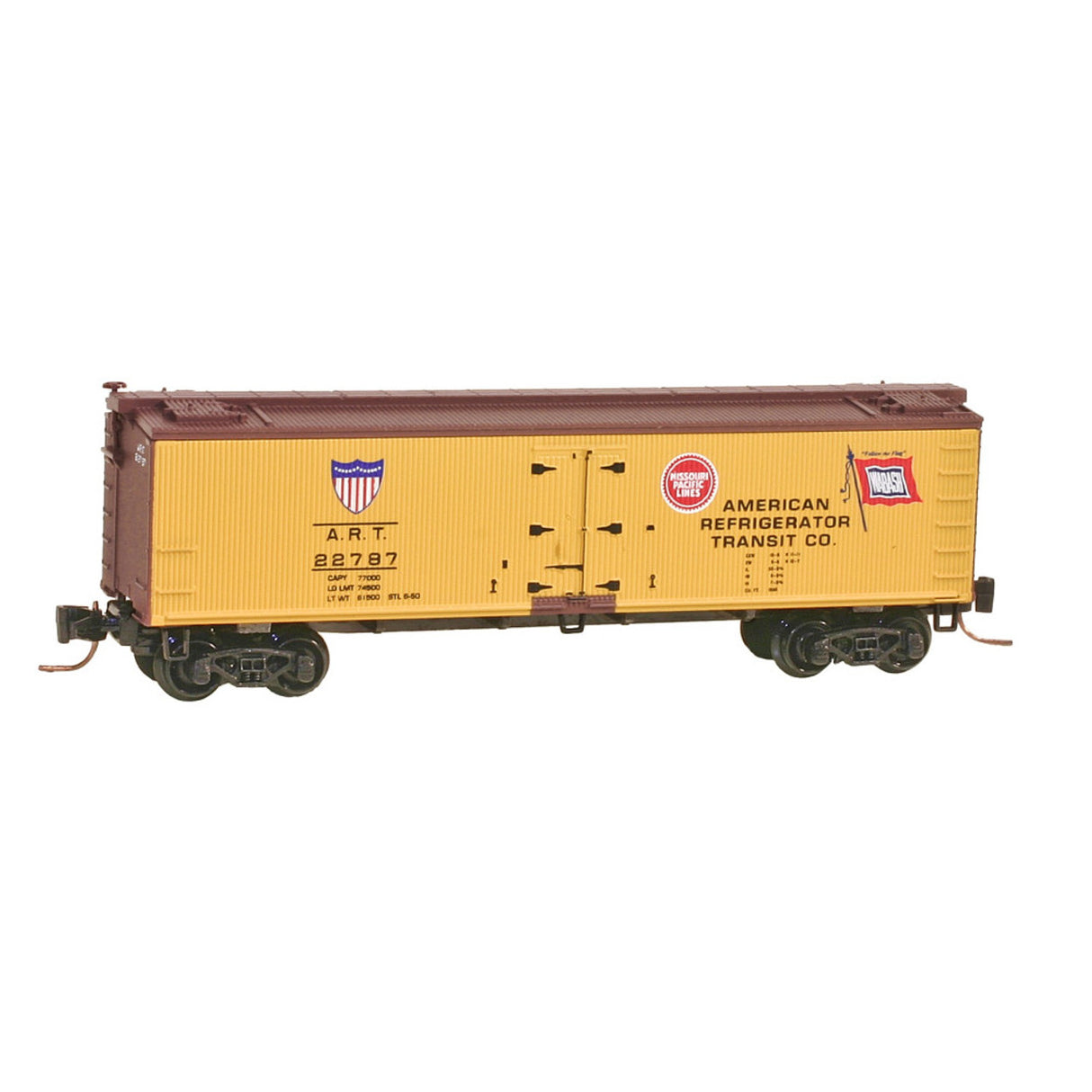 Micro-Trains 40' Wood Reefer - Ready to Run -- American Refrigerator Transit ART #22787 (yellow, Boxcar Red, MP & WAB Logos - 489-51800041