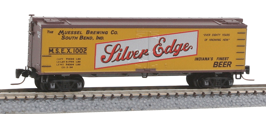 Micro-Trains 40' Wood-Sheathed Ice Reefer - Ready to Run -- Silver Edge MSEX #1002 (yellow, white, red, Brewery Series #4) - 489-51800240