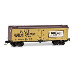 Micro-Trains 40' Wood-Sheathed Ice Reefer - Ready to Run -- Schott Brewing Co. GARE #9905 (Brewery Series #5, yellow, Boxcar Red, white) - 489-51800250