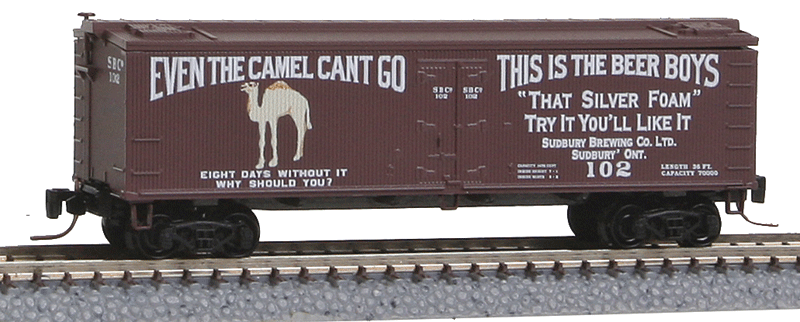 Micro-Trains 40' Wood-Sheathed Ice Reefer - Ready to Run -- Sudbury Brewing Company #102 (Brewery Series #6, Boxcar Red, white) - 489-51800260