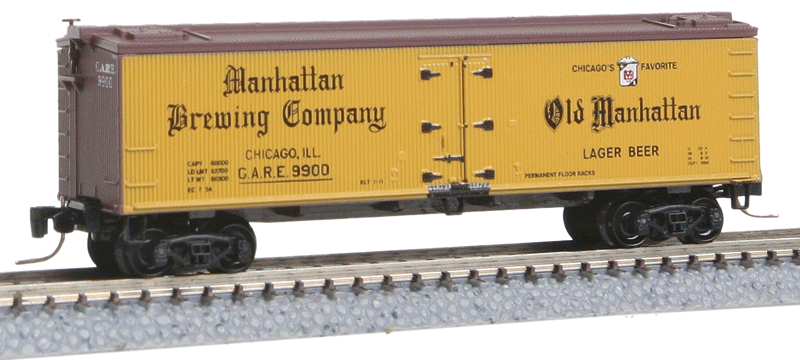 Micro-Trains 40' Wood-Sheathed Ice Reefer - Ready to Run -- Manhattan Brewing Company GARE #9900 (Brewery Series #8, yellow, Boxcar Red - 489-51800280