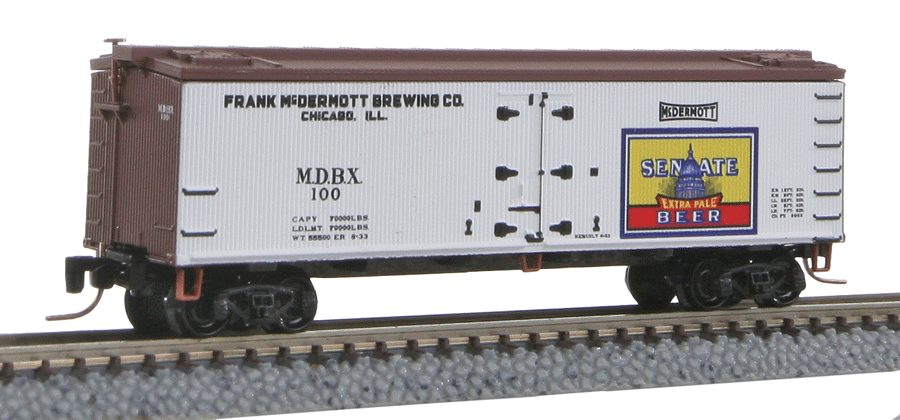 Micro-Trains 40' Wood-Sheathed Ice Reefer - Ready to Run -- Senate Brewing Co. MDBX #100 (white, Boxcar Red, yellow, #10 Brewery Series) - 489-51800300