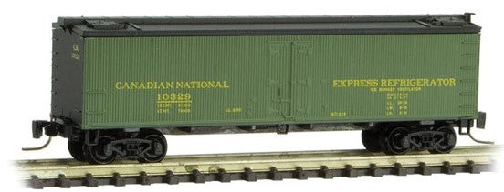Micro-Trains 40' Wood-Sheathed Ice Reefer - Ready to Run -- Canadian National #10332 (green, black, yellow, Express Refrigerator) - 489-51800412