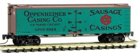 Micro-Trains 40' Wood-Sheathed Ice Reefer - Ready to Run -- Oppenheimer Casing Co. 8024 (green, Boxcar red, black, red) - 489-51800691