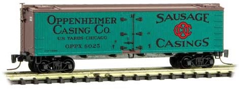 Micro-Trains 40' Wood-Sheathed Ice Reefer - Ready to Run -- Oppenheimer Casing Co. 8025 (green, Boxcar red, black, red) - 489-51800692