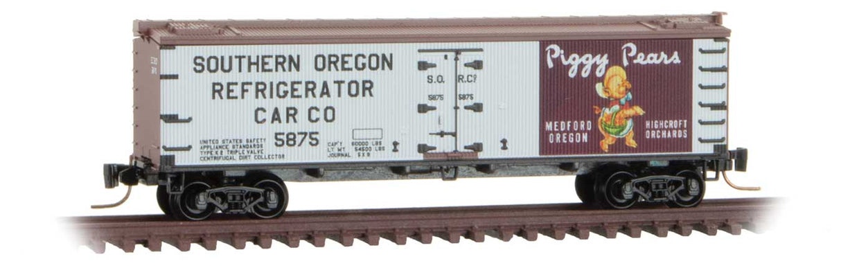 Micro-Trains Z-Scale 40' Wood-Sheathed Ice Reefer - Ready to Run -- Southern Oregon Refrigerator Car #5875 (white, Piggy Pears)
