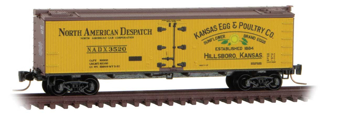 Micro-Trains Z 40' Wood-Sheathed Ice Reefer - Ready to Run -- Kansas Egg & Poultry Co. NADX #3520 (yellow, Boxcar Red, red, Poultry Egg #3