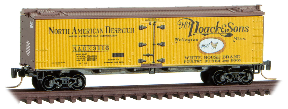 Micro-Trains Z 40' Wood-Sheathed Ice Reefer - Ready to Run -- H.M. Noack and Sons NADX #3116 (yellow, Boxcar Red, red, white, Egg Poultry