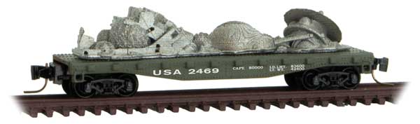 Micro-Trains Z Scale 40' Steel Flatcar with Martian Parts Load - Ready to Run -- U.S.A. #2469 (green, white, War of the Worlds #9)
