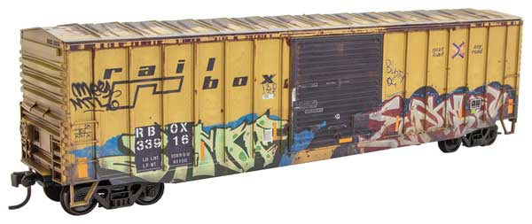 Micro-Trains 5600 002 HO 50' Exterior-Post Modern Boxcar - Kit -- Railbox #33916 (Weathered, yellow, black, graffiti)