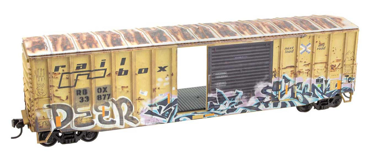 Micro-Trains HO 50' Exterior-Post Modern Boxcar - Kit -- Railbox #33877 (Weathered, yellow, black, graffiti)