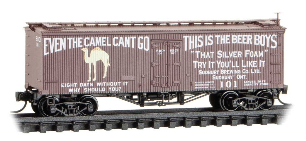 Micro-Trains N 36' Wood-Sheathed Ice Reefer - Ready to Run -- Sudbury Brewing & Malting Company #101 (Boxcar Red, white)