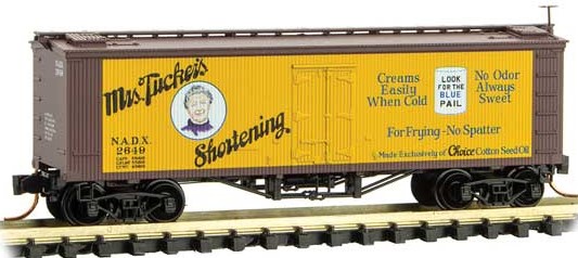 Micro-Trains 36' Wood-Sheathed Ice Reefer - Ready to Run -- Mrs. Tuckers Shortening NADX 2649 (yellow, Boxcar Red, Farm to Table 6) - 489-5800470