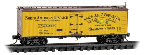 Micro-Trains N 36' Wood-Sheathed Ice Reefer - Ready to Run -- Kansas Egg & Poultry Co. NADX #3520 (yellow, Boxcar Red, red, Poultry Egg #3
