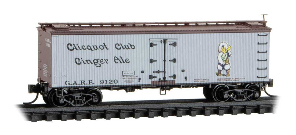 Micro-Trains N 36' Wood-Sheathed Ice Reefer - Ready to Run -- Clicquot Club GARE #9120 (gray, Boxcar Red, black)