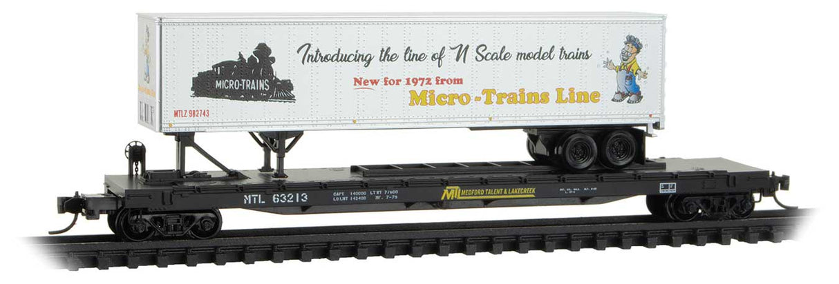 57' 6" TOFC Intermodal Flatcar w/45' Trailer - Ready to Run -- Medford, Talent & Lakecreek #63213 (Fantasy Scheme, black, silver Trailer)
