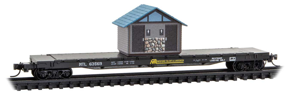 Micro-Trains 064 00 510 N 57' 6" Flatcar with Outhouse Load - Ready to Run -- Medford, Talent, & Lakecreek #63569 (April Fools, black, yellow, white)