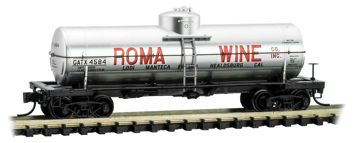 Micro-Trains 39' Single-Dome Tank Car - Ready to Run -- Roma Wine GATX 4584 (silver, red, Grape to Glass car 3) - 489-6500036