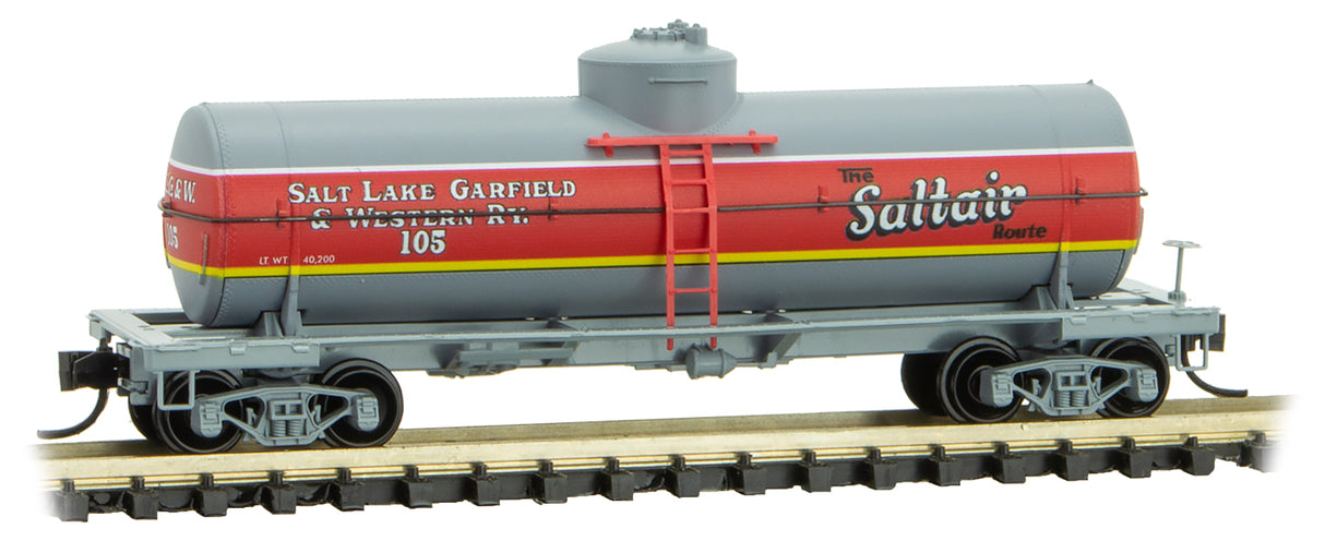 Micro-Trains 39' Single-Dome Tank Car - Ready to Run -- Salt Lake, Garfield & Western 105 (gray, red, yellow, Saltair Slogan) - 489-6500046