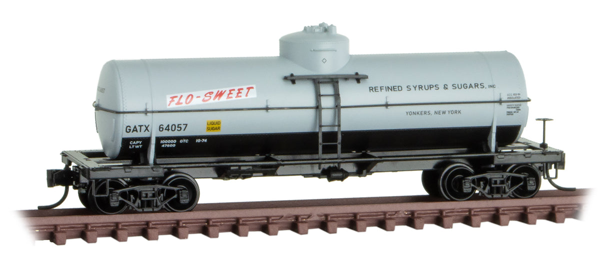 Micro-Trains 39' Single-Dome Tank Car - Ready to Run -- Flo-Sweet GATX 64057 (gray, black, red, Sweet Liquid Car 3) - 489-6500156