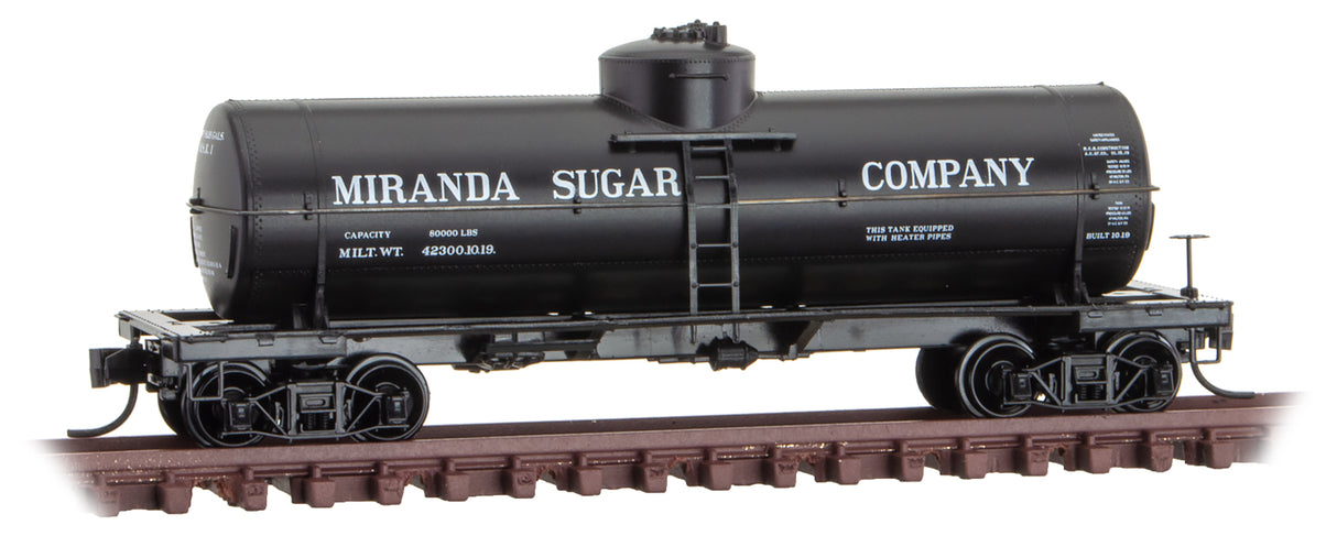 Micro-Trains 39' Single-Dome Tank Car - Ready to Run -- Miranda Sugar 1 (black, Sweet Liquid Car 4) - 489-6500166