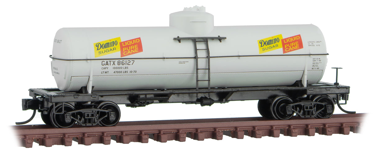 Micro-Trains 39' Single-Dome Tank Car - Ready to Run -- Domino Sugar GATX 86127 (gray, yellow, red, Sweet Liquid Car 5) - 489-6500176