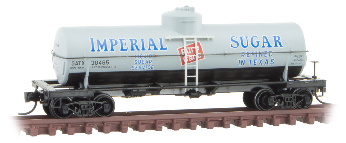 Micro-Trains 39' Single-Dome Tank Car - Ready to Run -- Imperial Sugar GATX 30465 (gray, black, blue, red, Sweet Liquid Series 7) - 489-6500196