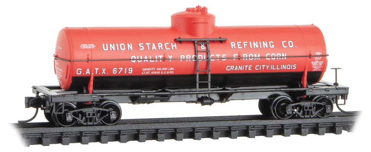 Micro-Trains 39' Single-Dome Tank Car - Ready to Run -- Union Starch & Refining Co. GATX #6719 (red, black, Sweet Liquid #10) - 489-6500216