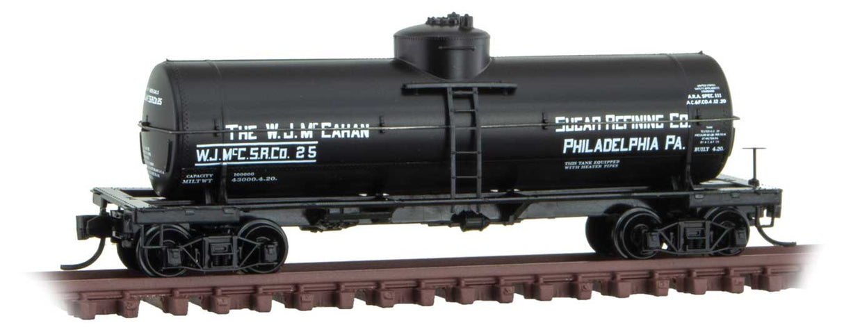 Micro-Trains 39' Single-Dome Tank Car - Ready to Run -- McCahan Sugar Refining Company 25 (black, white, Sweet Liquid Series 9) - 489-6500226