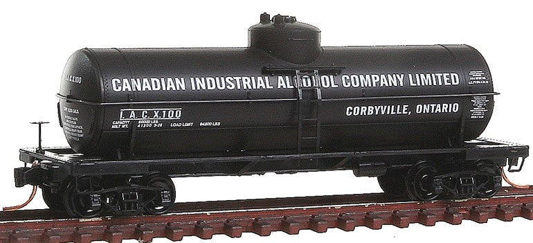 Micro-Trains 39' Single-Dome Tank Car - Ready to Run -- Canadian Industrial Alcohol IACX #100 (black, white) - 489-6500850