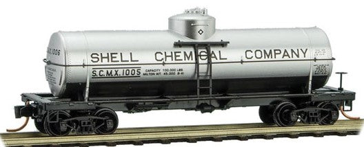 Micro-Trains 39' Single-Dome Tank Car - Ready to Run -- Shell Oil/Chemical SCMX #1005 (silver, black) - 489-6500921