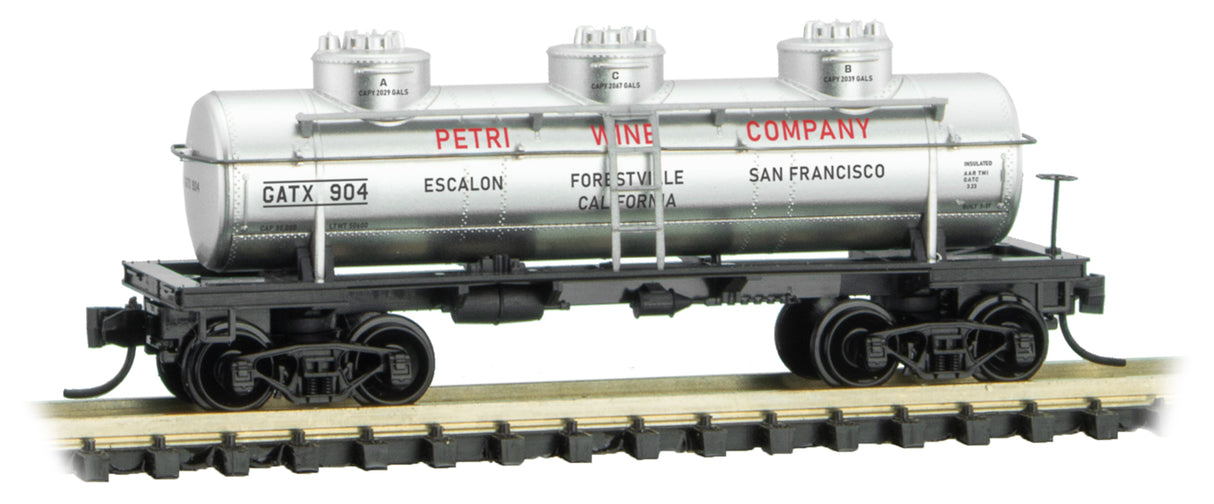 Micro-Trains 3-Dome Tank Car - Ready to Run -- Petri Wine Co. GATX 904 (silver, black, red, Grape to Glass Series 8) - 489-6600130