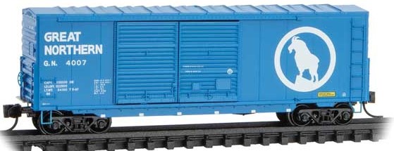 Micro-Trains 40' Double-Door Boxcar No Roofwalk & High Ladders - Ready to Run -- Great Northern #4007 (Big Sky Blue, white, Large Rocky Logo) - 489-6800520